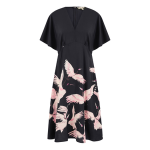 Yumi Black Recycled Fabric Crane Print Kimono Midi Dress (M)