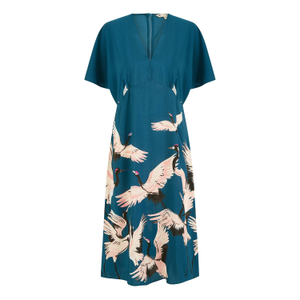 Yumi Teal Recycled Fabric Crane Print Kimono Midi Dress (4XL)