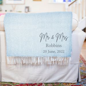 Personalised Couple's Wool Blanket in Duck Egg