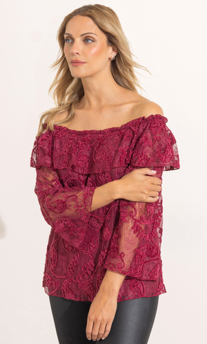 Embroidered Lace Bardot Top - Claret