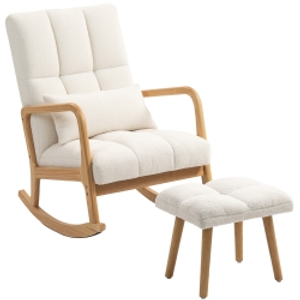 HOMCOM Silla Mecedora con Reposapiés Tapizado en Bouclé Cojín Acolchado y Reposabrazos y Patas de Madera Carga 120 kg Blanco