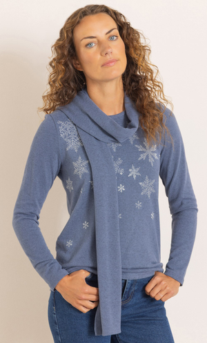Anna Rose Snowflake Embellished Jumper With Scarf - Winter/Blue