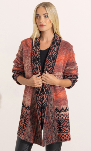 Patterned Open Front Cardigan - Orange/Black