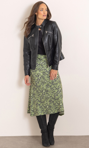 Botanical Print Knitted Midi Skirt - Khaki/Black
