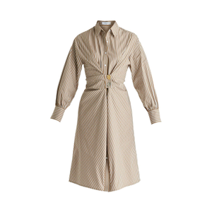 Asymmetric Striped Shirt Dress With Button Detail In Khaki Stripes (XS)