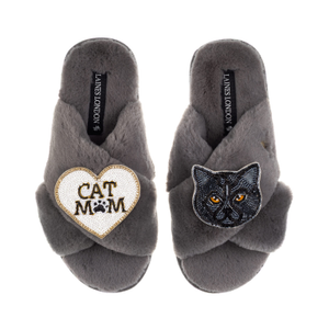 Classic Laines Slippers With Cat Mum/Mom & Black British Shorthair Cat Brooches - Grey (L)