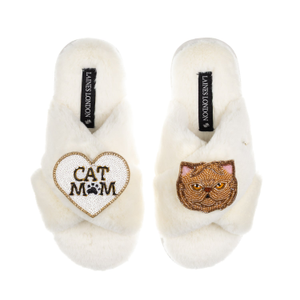 Classic Laines Slippers With Cat Mum/Mom & Ginger Persian Cat Brooches - Cream (M)