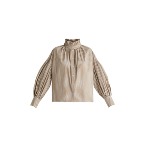 Puff Sleeve Shirt With Ruffled Collar In Khaki Stripes (M)