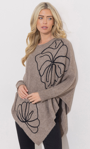 Floral Poncho Knitted Jumper - Oatmeal