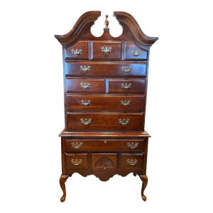 1990s American Drew Queen Anne Highboy – In Cherry Wood Bureau With Brass Accents