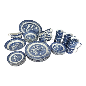 Vintage Blue Willow Woods & Sons Made in England Dinnerware Set - A Set of 48 Pieces