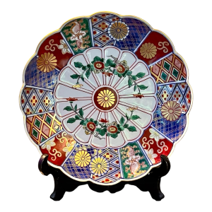 Antique Japanese Imari Plate- Chrysanthemum Brocade Design-Red Blue Gold