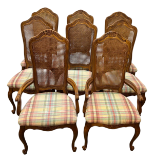 Vintage Hibriten by Bernhardt French Provincial Style Oak & Cane Back Dining Chairs - Set of 8