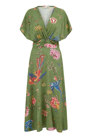 Yumi Green Bird And Floral Print Ruched Waist Kimono Midi Dress (XXXL)