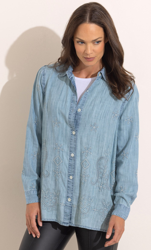 Embroidered Washed Cotton Shirt - Blue