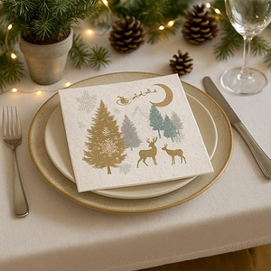 Christmas Winter Forest Green &amp; Gold Premium Decoupage Luncheon Napkins 3 Ply 33cm - Pack of 20