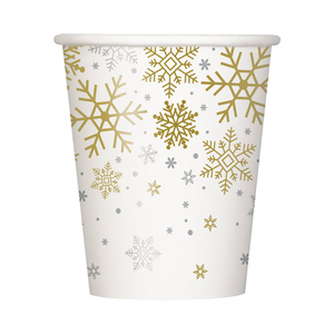 Silver &amp; Gold Snowflakes Christmas Compostable Paper Cups 270ml - Pack of 8