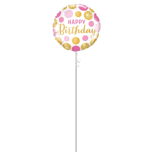 Happy Birthday Pink &amp; Gold Dots Round Foil Helium Balloon - Inflated Balloon in a Box