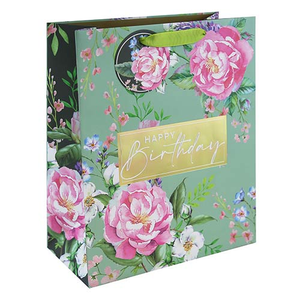 Floral Happy Birthday Large Green Gift Bag 33cm