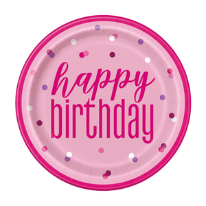 Hot Pink Glitz Birthday Round Paper Plates 22cm - Pack of 8