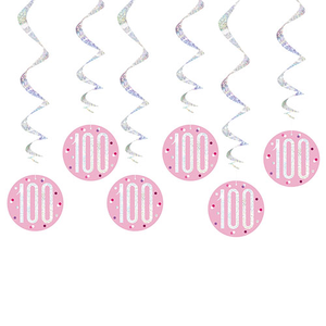 Pink Glitz Age 100 Holographic Hanging Swirl Decorations - Pack of 6