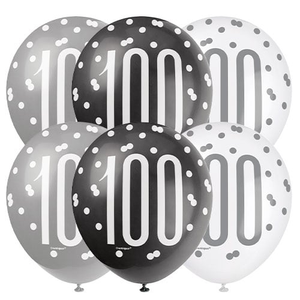Black Glitz Age 100 Assorted Biodegradable Latex Balloons 30cm / 12 in - Pack of 6