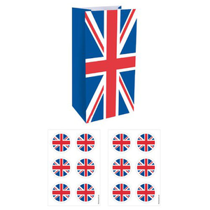 Union Jack Paper Party Bags with Sealing Stickers - Pack of 12