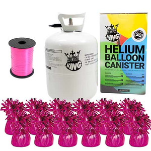Large Helium Canister with Magenta Hot Pink Curling Ribbon and 12 Foil Balloon Weights