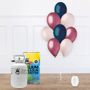 Disposable Helium Gas Canister with 30 Shell Cream, Vino Burgundy & Navy Blue Balloons and Curling Ribbon