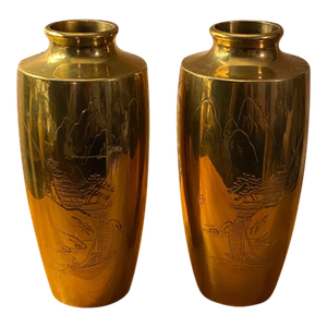 Vintage Set of 2 Japanese Asian Hand Etched Polished Brass Vases