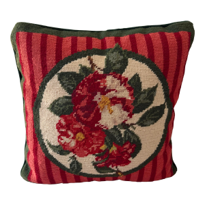 Vintage Floral and Striped Embroidered Wool Needlepoint Pillow in Red & Green