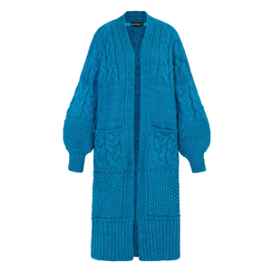 Alex Balloon Sleeve Cable Maxi Cardigan - Teal (M)