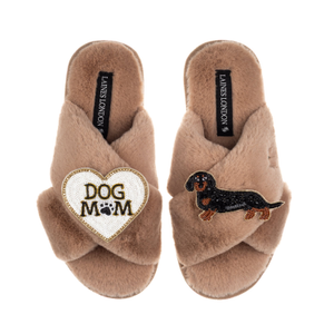 Classic Laines Slippers With Dog Mum/Mom & Black & Tan Dachshund Brooches - Toffee (L)