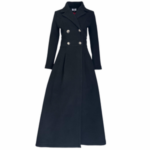 Elegant Long Black Wool Coat With Luxury Red Lining And Double-Breasted Buttons (M)