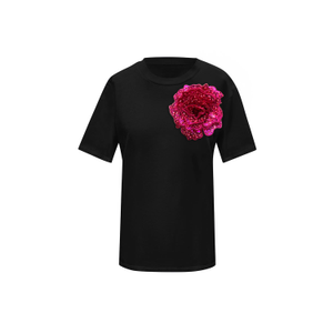 Flower Black Cotton T-Shirt With Hot Pink Side Sequin Rose (XL)