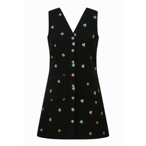 Yumi Black Flower Embroidered Button Up Pinafore Dress (XL)