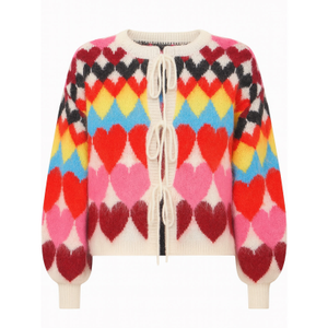 Yumi Multicolour Tie Front Heart Intarsia Cardigan (M)