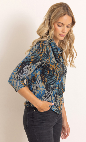 Printed Cowl Neck Knitted Top - Teal/Black