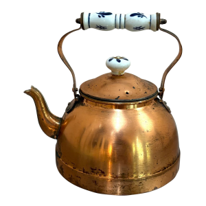 1930s-40s Copper Tea Kettle W/ Blue/White Ceramic Detail