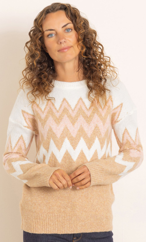 Anna Rose Chevron Knit Top - Ivory/Stone/Dusky/Pink