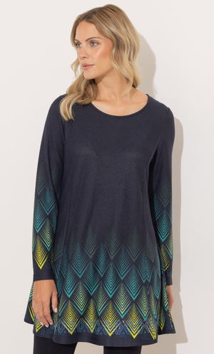 Embellished Border Print Knitted Tunic - Navy/Teal