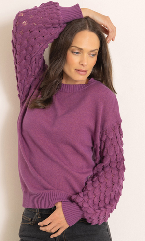 Textured Sleeve Knitted Top - Berry