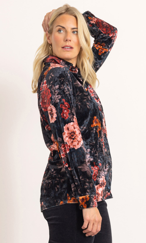 Floral Printed Velour Shirt - Black/Red