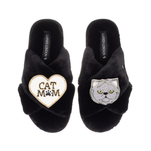 Classic Laines Slippers With Cat Mum/Mom & Grey Persian Cat Brooches - Black (M)