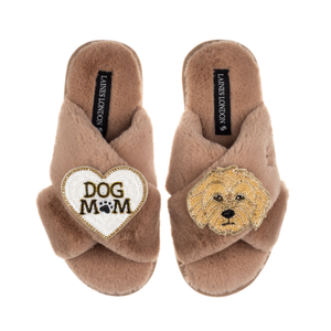 Classic Laines Slippers With Dog Mum / Mom & Golden Cockapoo Brooches - Toffee (M)