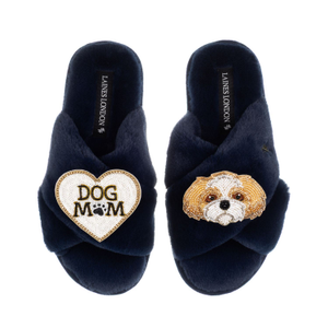 Classic Laines Slippers With Dog Mum / Mom & Gold & White Shih Tzu Brooches - Navy (M)
