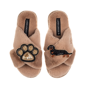 Classic Laines Slippers With Paw & Black & Tan Dachshund Brooches - Toffee (M)