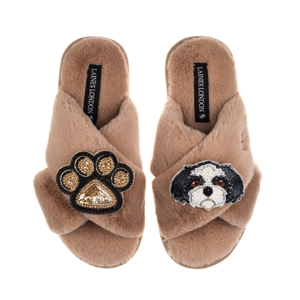 Classic Laines Slippers With Paw & Black & White Shih Tzu Brooches - Toffee (M)