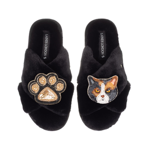 Classic Laines Slippers With Paw & Calico British Shorthair Cat Brooches - Black (M)