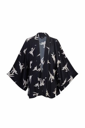 Japanese Origami Bird Print Black & Ivory Short Light Weight Kimono (one size)